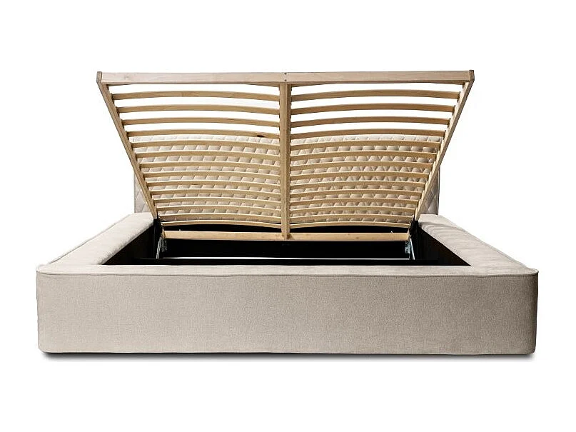 Lit coffre VERNON – Tecido chenille bouclé Areia rosada – 160x200 cm – Estrado elevatório – Design de alta qualidade