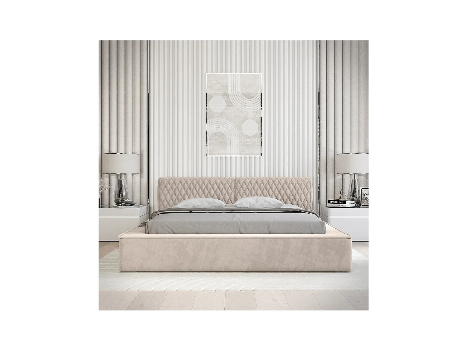 Lit coffre VERNON – Tissu chenille bouclé Sable rosé – 160x200 cm – Sommier relevable – Design haut de gamme