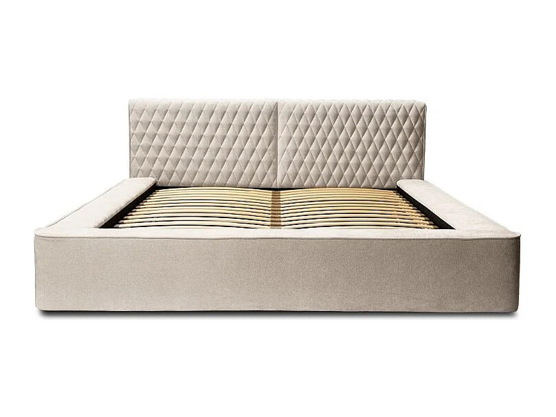 Cama con canapé VERNON – Tela de chenilla rizada Sable rosado – 160x200 cm – Somier elevable – Diseño de alta gama