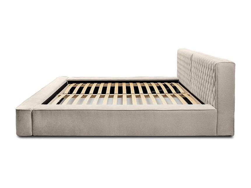 Cama con canapé VERNON – Tela de chenilla rizada Sable rosado – 160x200 cm – Somier elevable – Diseño de alta gama