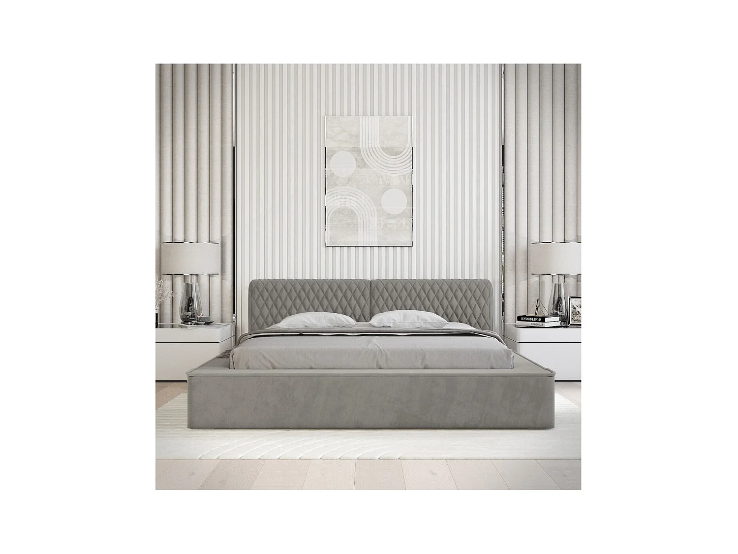 Cama con arcón VERNON – Tela de chenilla rizada Ceniza taupe – 160x200 cm – Somier elevable – Diseño de alta gama