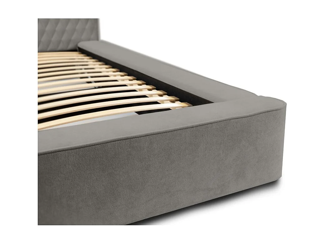 Cama con arcón VERNON – Tela de chenilla rizada Ceniza taupe – 160x200 cm – Somier elevable – Diseño de alta gama