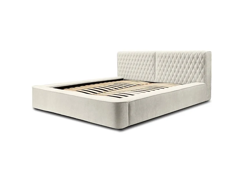 Cama baú VERNON – Tecido chenille bouclé Linho natural – 140x200 cm – Estrado elevatório – Elegância e conforto premium