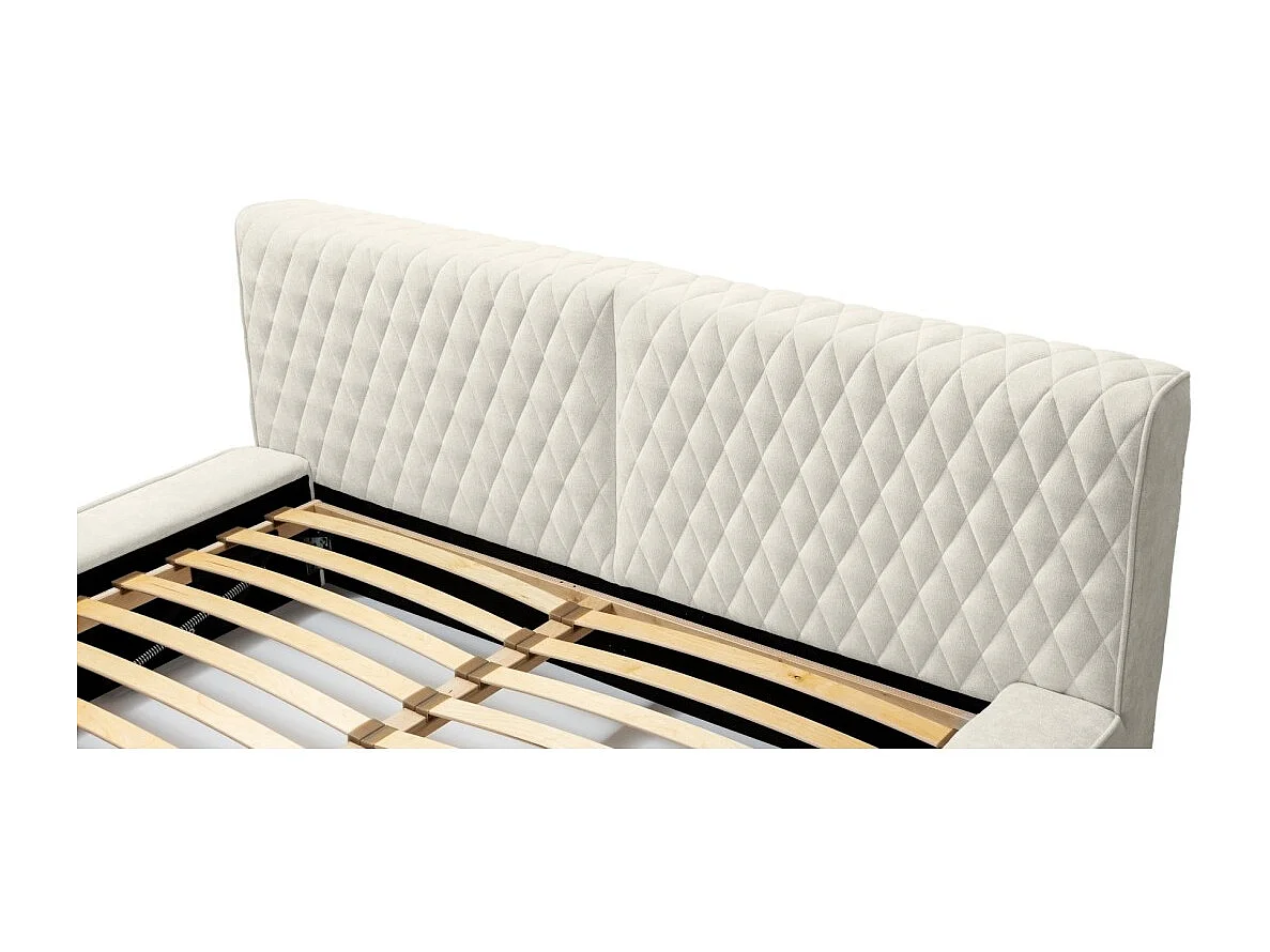 Cama baú VERNON – Tecido chenille bouclé Linho natural – 140x200 cm – Estrado elevatório – Elegância e conforto premium