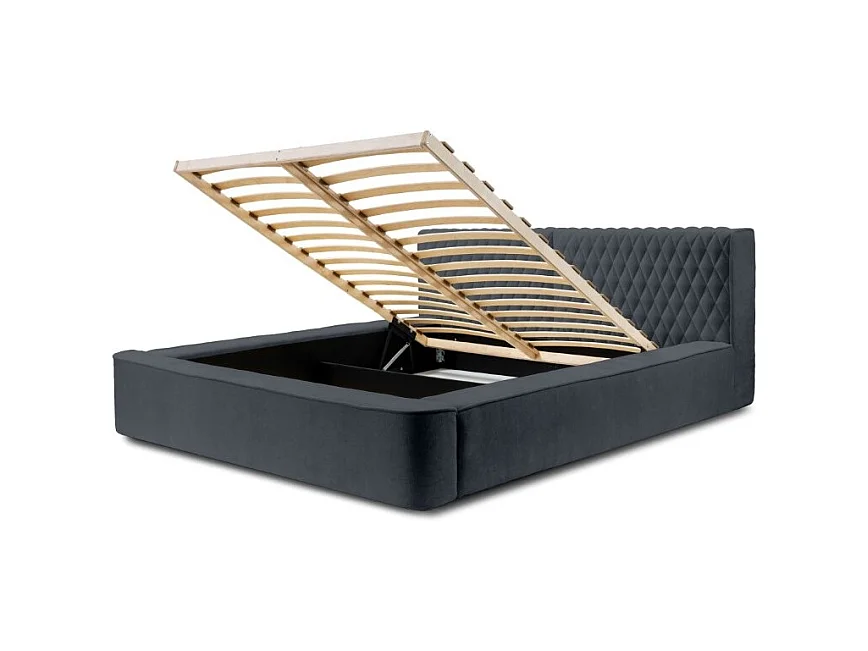 Lit coffre VERNON – Tecido chenille bouclé Carvão azul – 140x200 cm – Sommier elevatório – Design de alta gama