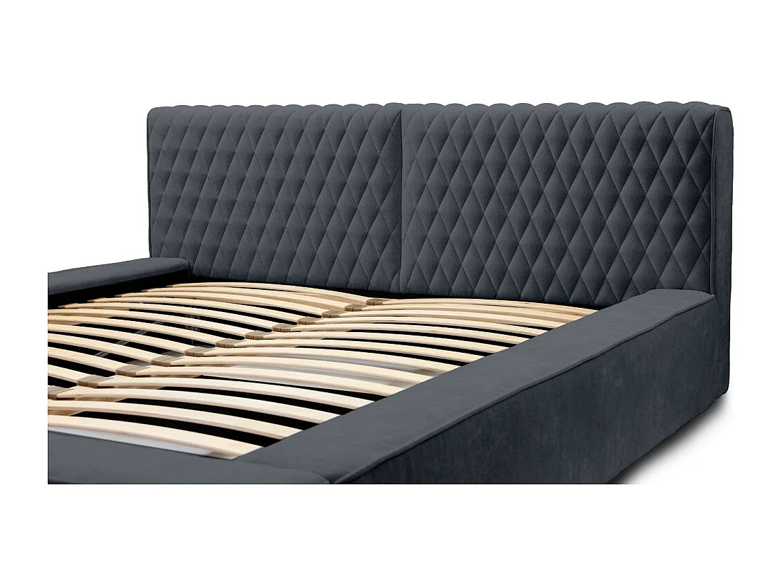 Lit coffre VERNON – Tecido chenille bouclé Carvão azul – 140x200 cm – Sommier elevatório – Design de alta gama