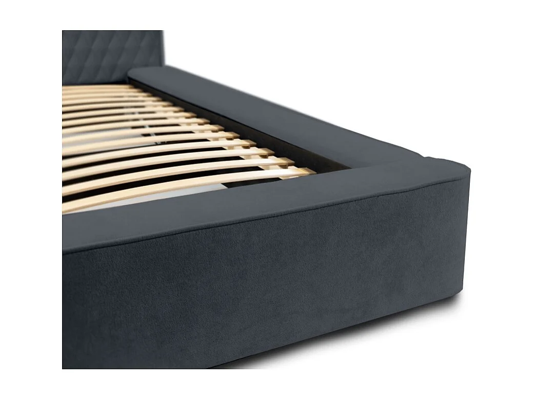 Lit coffre VERNON – Tecido chenille bouclé Carvão azul – 140x200 cm – Sommier elevatório – Design de alta gama