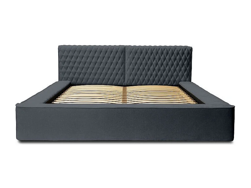 Lit coffre VERNON – Tecido chenille bouclé Carvão azul – 140x200 cm – Sommier elevatório – Design de alta gama