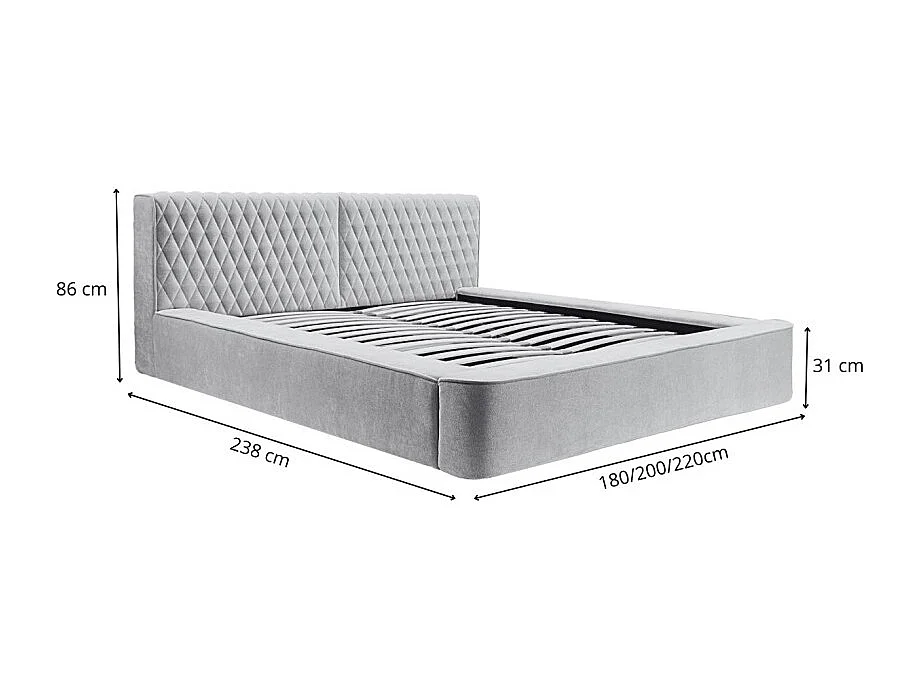 Lit coffre VERNON – Tecido chenille bouclé Carvão azul – 140x200 cm – Sommier elevatório – Design de alta gama