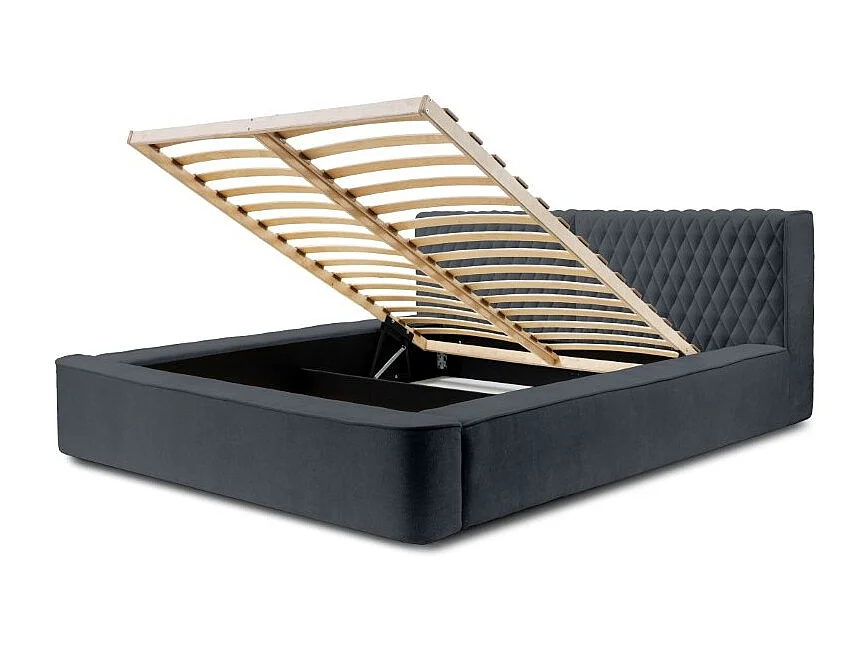 Lit coffre VERNON – Tecido chenille bouclé Carvão azul – 140x200 cm – Sommier elevatório – Design de alta gama