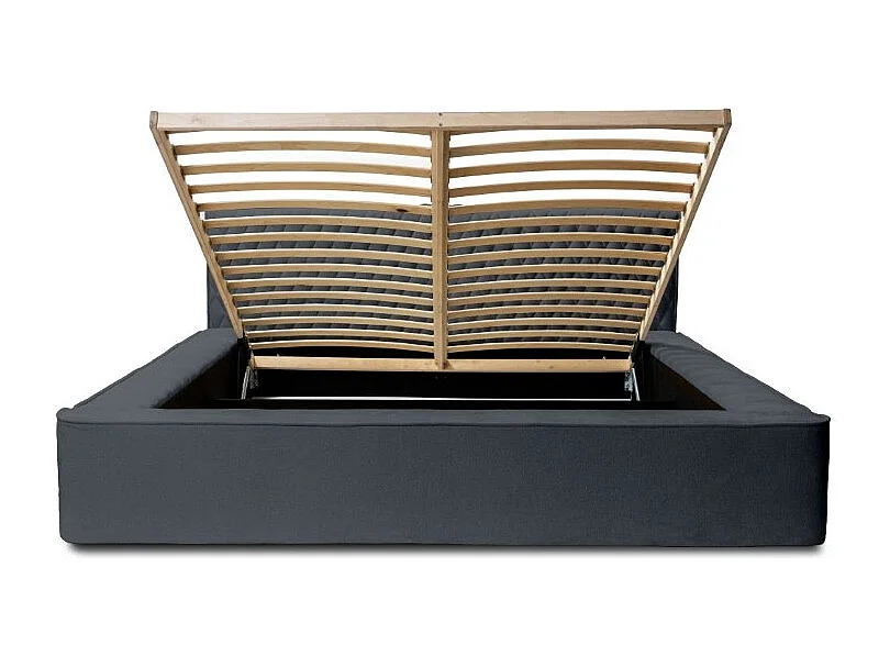 Lit coffre VERNON – Tecido chenille bouclé Carvão azul – 140x200 cm – Sommier elevatório – Design de alta gama