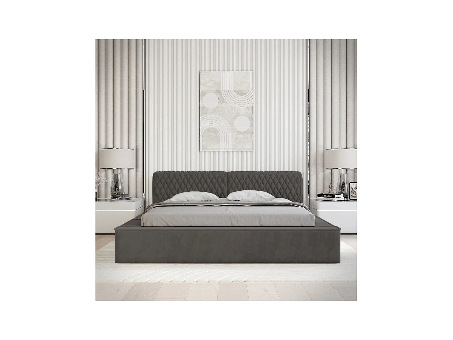 Lit coffre VERNON – Tissu chenille bouclé Anthracite profond – 180x200 cm – Sommier relevable – Design haut de gamme