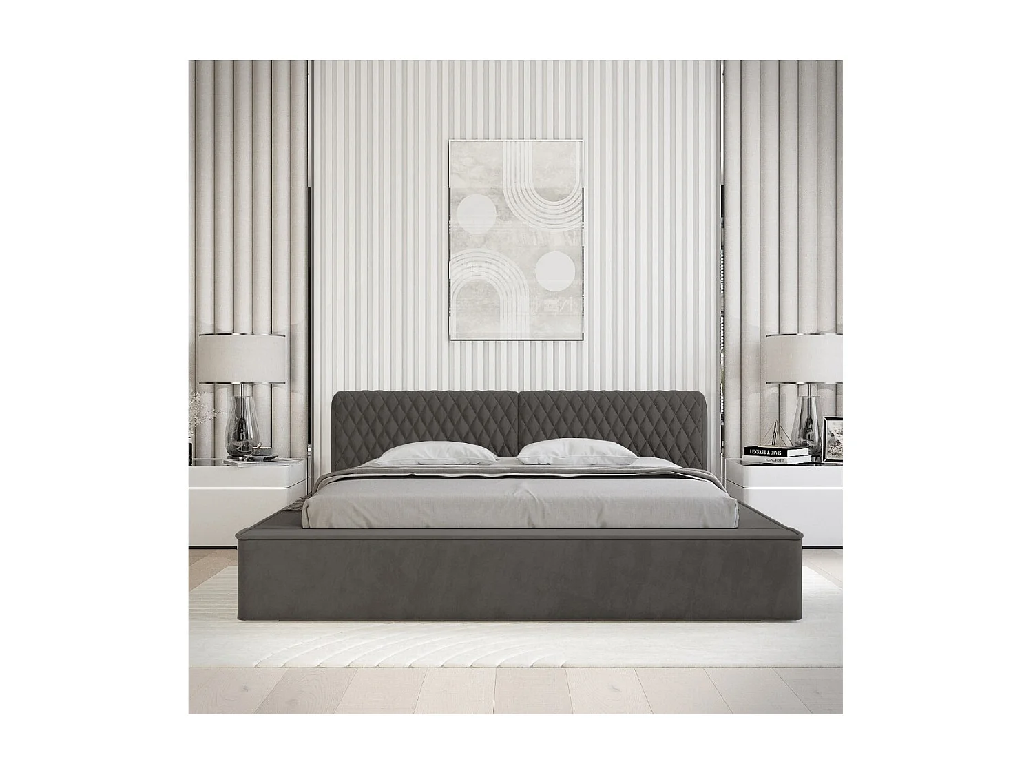 Cama con arcón VERNON – Tela de chenilla rizada Antracita profundo – 160x200 cm – Somier elevable – Diseño de alta gama
