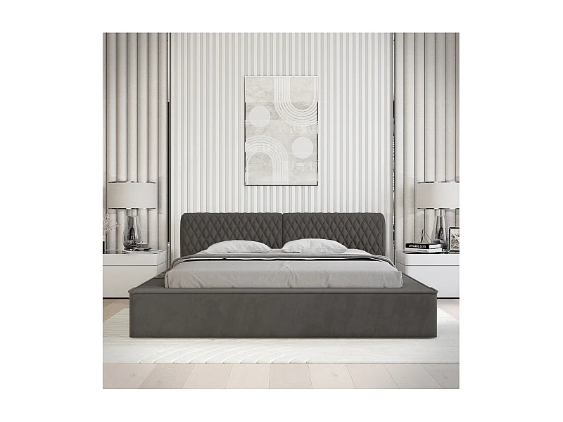 Baú de cama VERNON – Tecido chenille bouclé Antracite profundo – 160x200 cm – Base elevatória – Design de alta qualidade