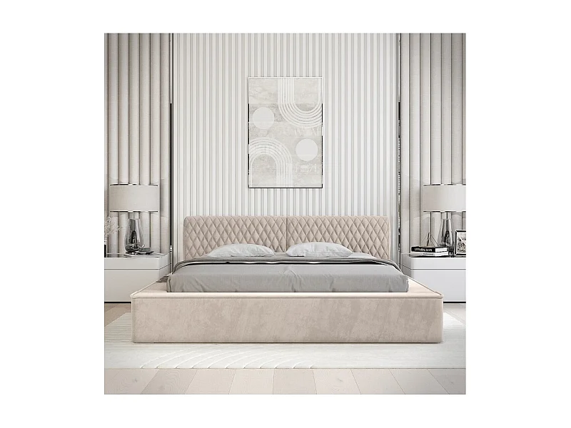 Lit coffre VERNON – Tecido chenille bouclé Areia rosada – 180x200 cm – Estrado elevatório – Design de alta qualidade