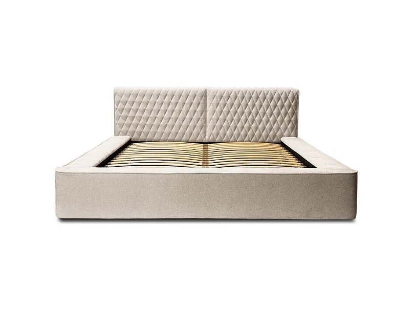 Lit coffre VERNON – Tecido chenille bouclé Areia rosada – 180x200 cm – Estrado elevatório – Design de alta qualidade