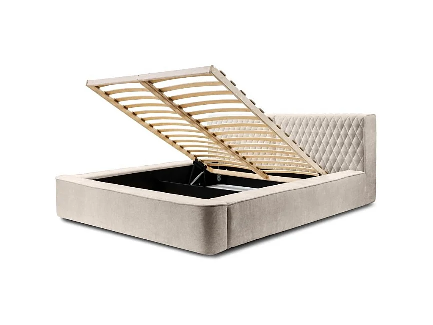 Lit coffre VERNON – Tecido chenille bouclé Areia rosada – 180x200 cm – Estrado elevatório – Design de alta qualidade