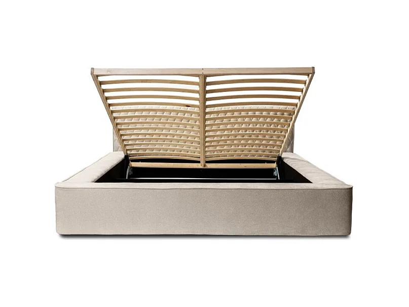 Lit coffre VERNON – Tecido chenille bouclé Areia rosada – 180x200 cm – Estrado elevatório – Design de alta qualidade