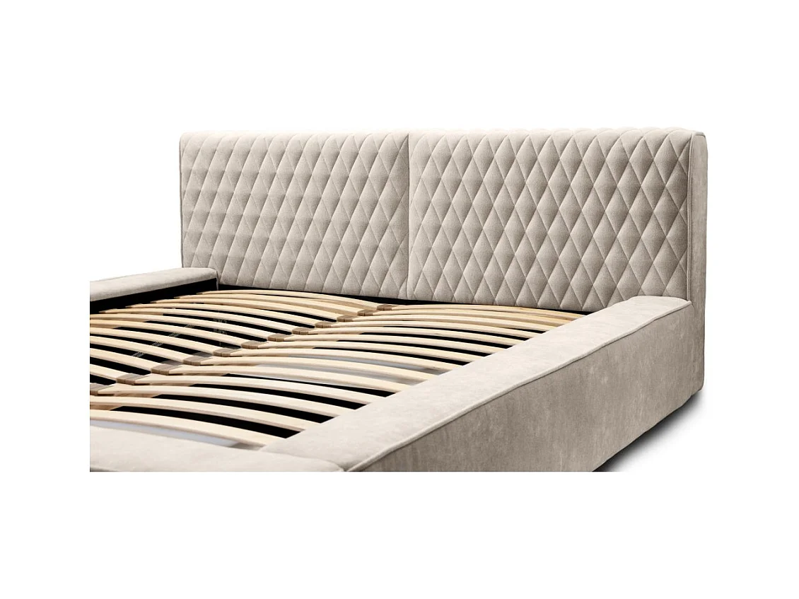 Lit coffre VERNON – Tecido chenille bouclé Areia rosada – 180x200 cm – Estrado elevatório – Design de alta qualidade