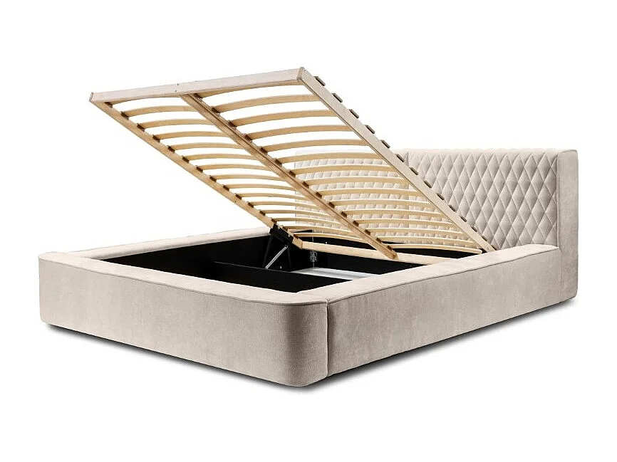 Lit coffre VERNON – Tecido chenille bouclé Areia rosada – 180x200 cm – Estrado elevatório – Design de alta qualidade