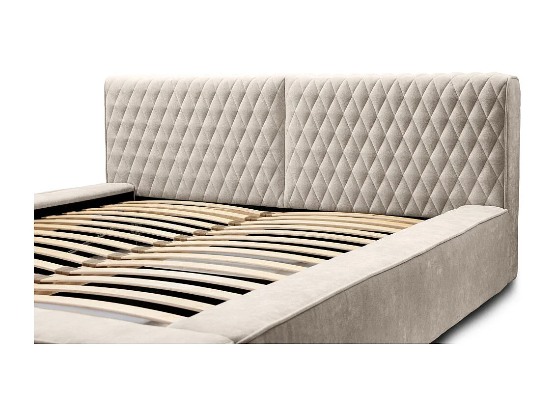 Lit coffre VERNON – Tecido chenille bouclé Areia rosada – 180x200 cm – Estrado elevatório – Design de alta qualidade