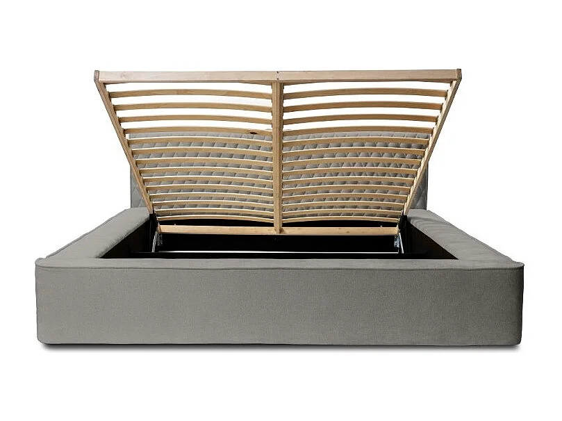 Cama baú VERNON – Tecido chenille bouclé Cinza taupe – 140x200 cm – Estrado elevatório – Design de alta qualidade