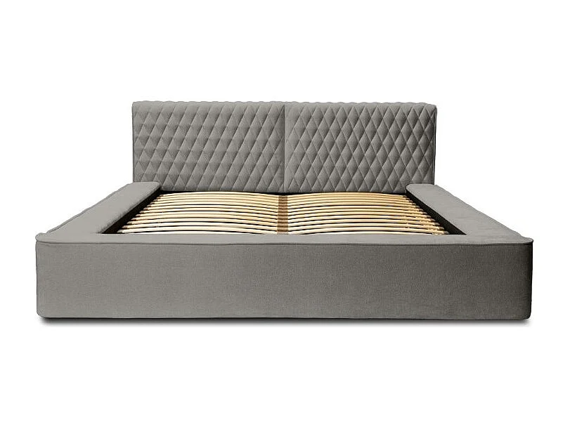 Cama con arcón VERNON – Tela de chenilla rizada Ceniza topo – 140x200 cm – Somier elevable – Diseño de alta gama