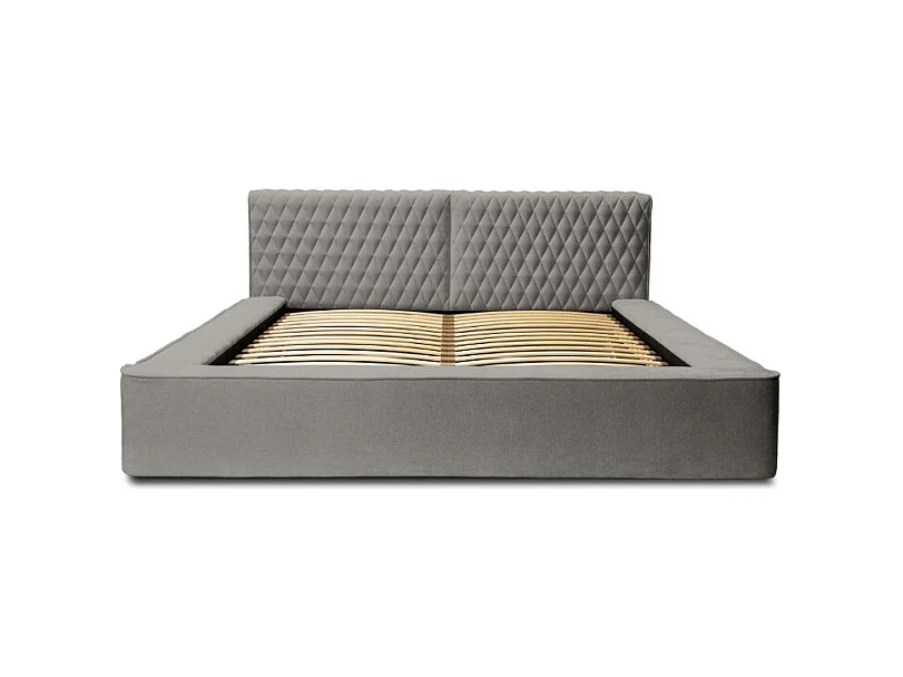 Cama baú VERNON – Tecido chenille bouclé Cinza taupe – 180x200 cm – Estrado elevatório – Design de alta qualidade