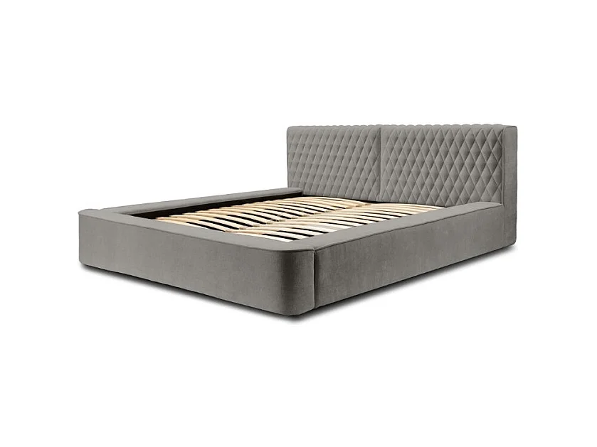 Cama baú VERNON – Tecido chenille bouclé Cinza taupe – 180x200 cm – Estrado elevatório – Design de alta qualidade