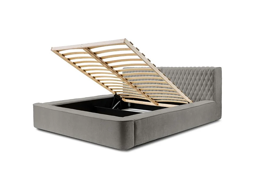 Cama baú VERNON – Tecido chenille bouclé Cinza taupe – 180x200 cm – Estrado elevatório – Design de alta qualidade