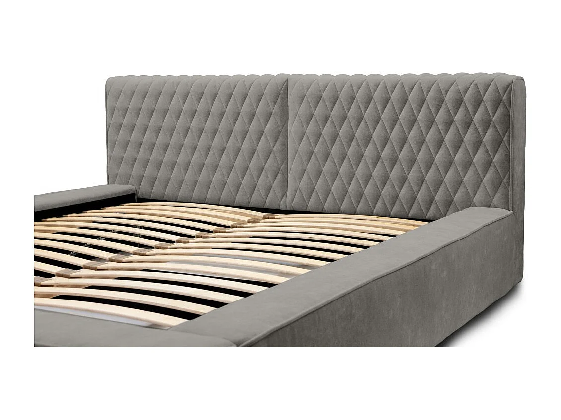 Cama baú VERNON – Tecido chenille bouclé Cinza taupe – 180x200 cm – Estrado elevatório – Design de alta qualidade