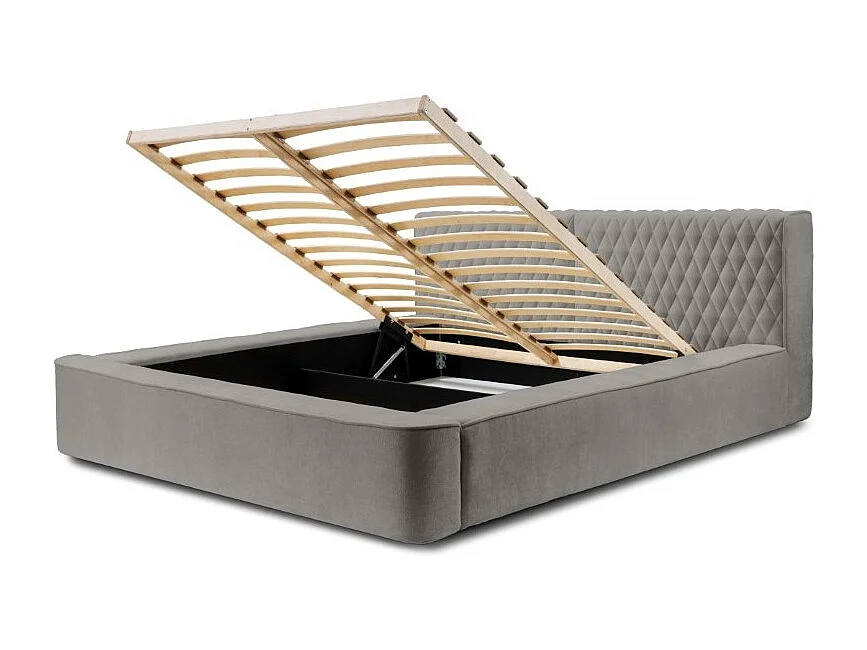 Cama baú VERNON – Tecido chenille bouclé Cinza taupe – 180x200 cm – Estrado elevatório – Design de alta qualidade