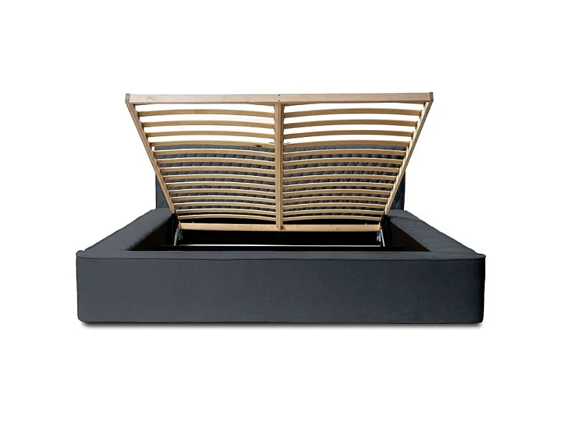 Lit coffre VERNON – Tecido chenille bouclé Carvão azul – 160x200 cm – Estrado elevatório – Design de alta qualidade