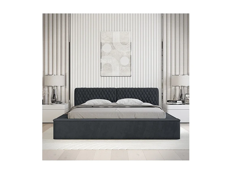 Lit coffre VERNON – Tissu chenille bouclé Charbon bleu – 160x200 cm – Sommier relevable – Design haut de gamme