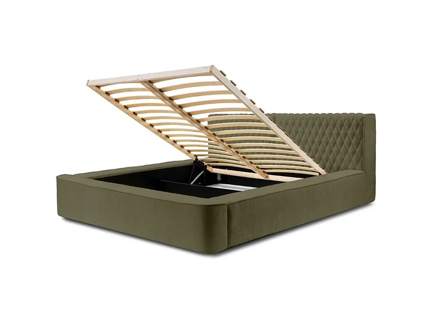 Cama Baú VERNON – Tecido chenille bouclé Folha de Oliveira – 180x200 cm – Estrado Elevatório – Design de Alta Qualidade