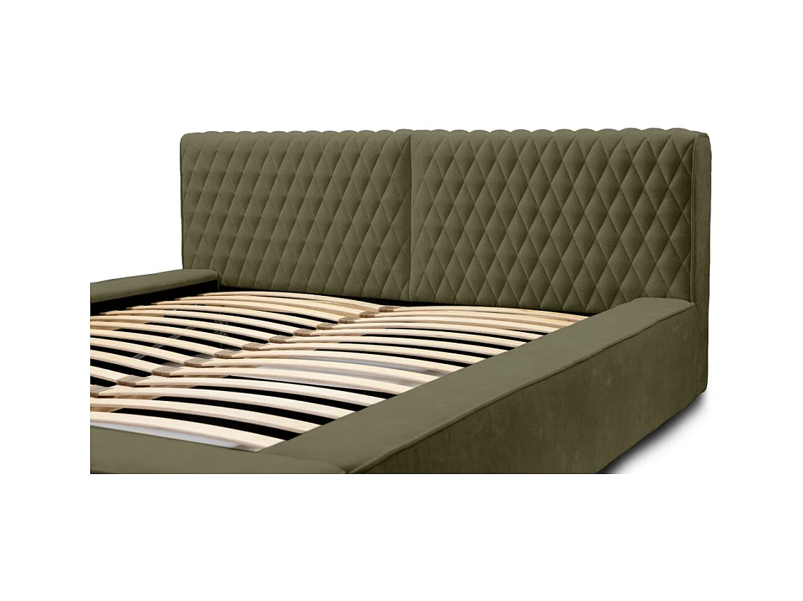 Cama Baú VERNON – Tecido chenille bouclé Folha de Oliveira – 180x200 cm – Estrado Elevatório – Design de Alta Qualidade