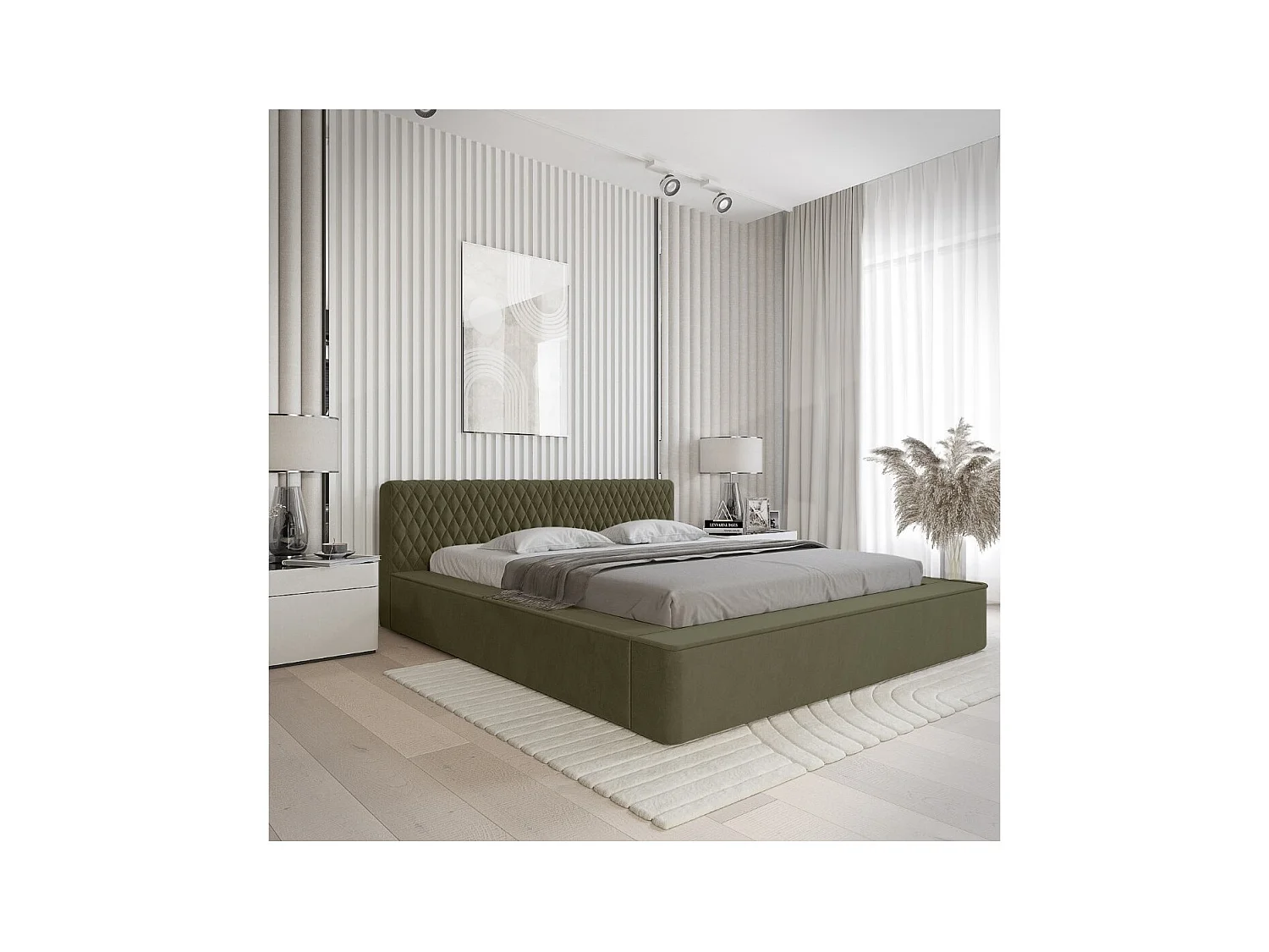 Cama Baú VERNON – Tecido chenille bouclé Folha de Oliveira – 180x200 cm – Estrado Elevatório – Design de Alta Qualidade