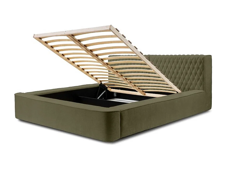 Cama Baú VERNON – Tecido chenille bouclé Folha de Oliveira – 180x200 cm – Estrado Elevatório – Design de Alta Qualidade