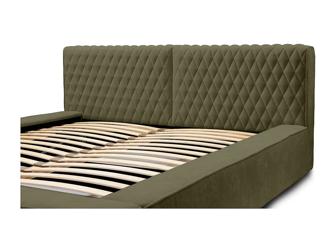 Cama Baú VERNON – Tecido chenille bouclé Folha de Oliveira – 180x200 cm – Estrado Elevatório – Design de Alta Qualidade