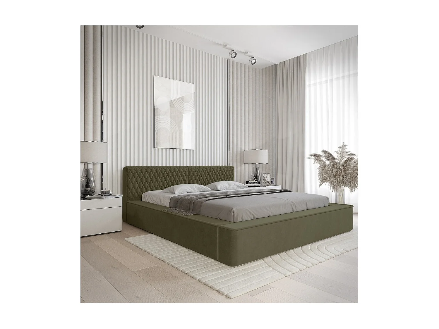 Cama Baú VERNON – Tecido chenille bouclé Folha de Oliveira – 180x200 cm – Estrado Elevatório – Design de Alta Qualidade