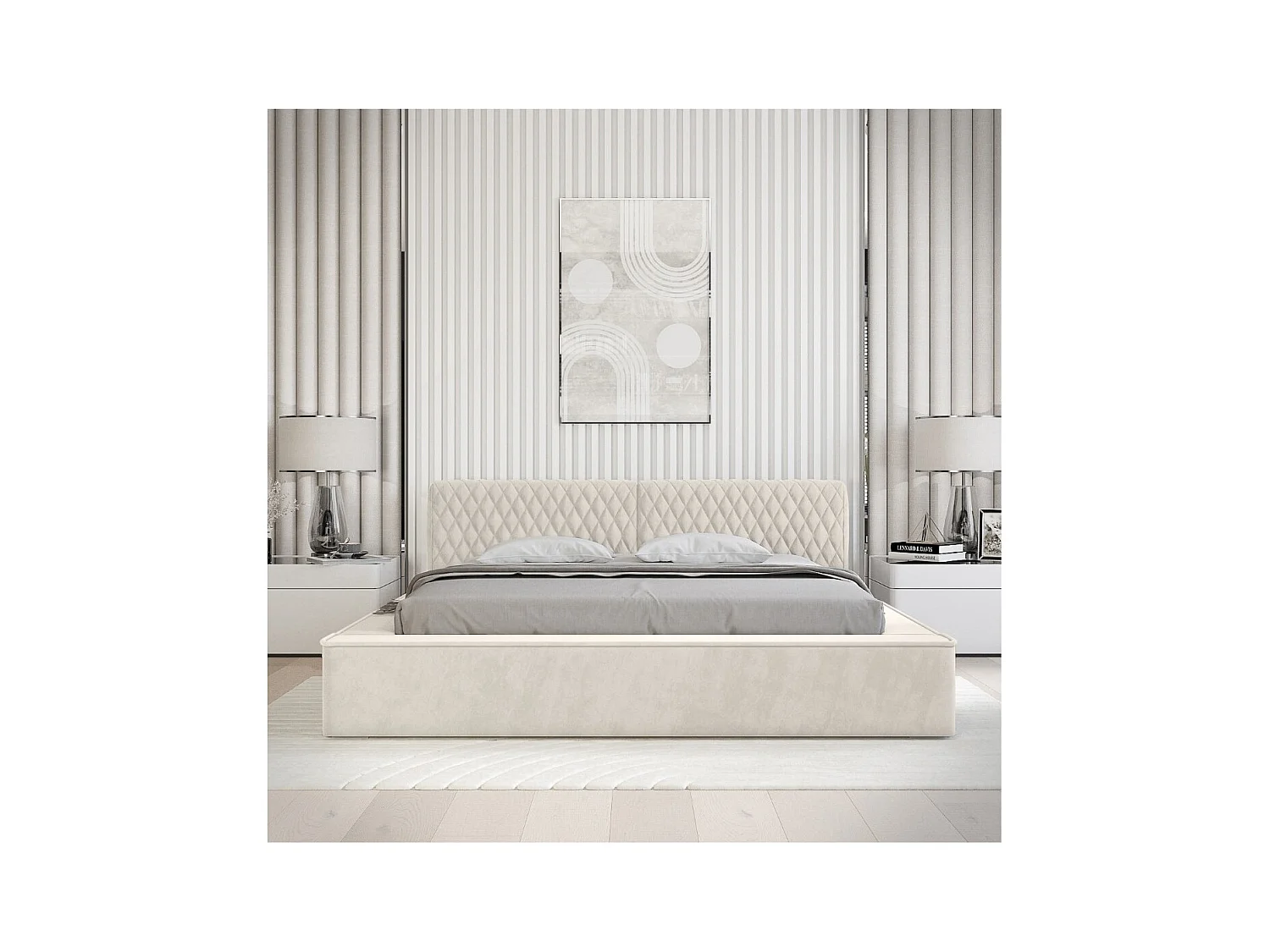 Lit baú VERNON – Tecido chenille bouclé Linho natural – 180x200 cm – Estrado elevatório – Design de alto padrão