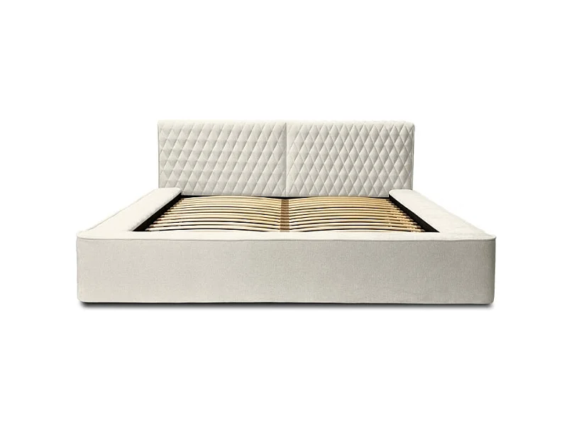 Lit baú VERNON – Tecido chenille bouclé Linho natural – 180x200 cm – Estrado elevatório – Design de alto padrão