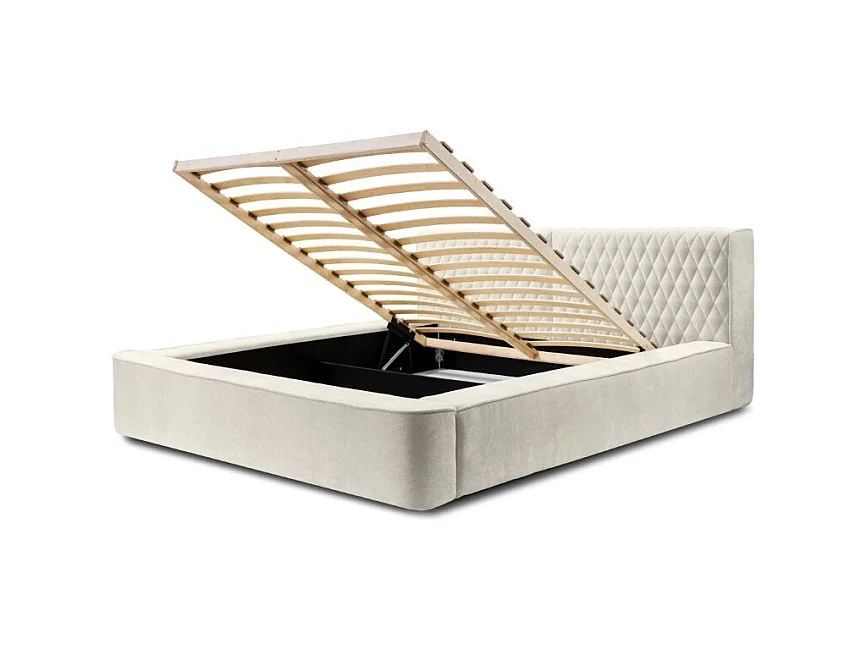 Lit baú VERNON – Tecido chenille bouclé Linho natural – 180x200 cm – Estrado elevatório – Design de alto padrão
