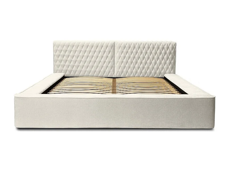 Lit baú VERNON – Tecido chenille bouclé Linho natural – 180x200 cm – Estrado elevatório – Design de alto padrão