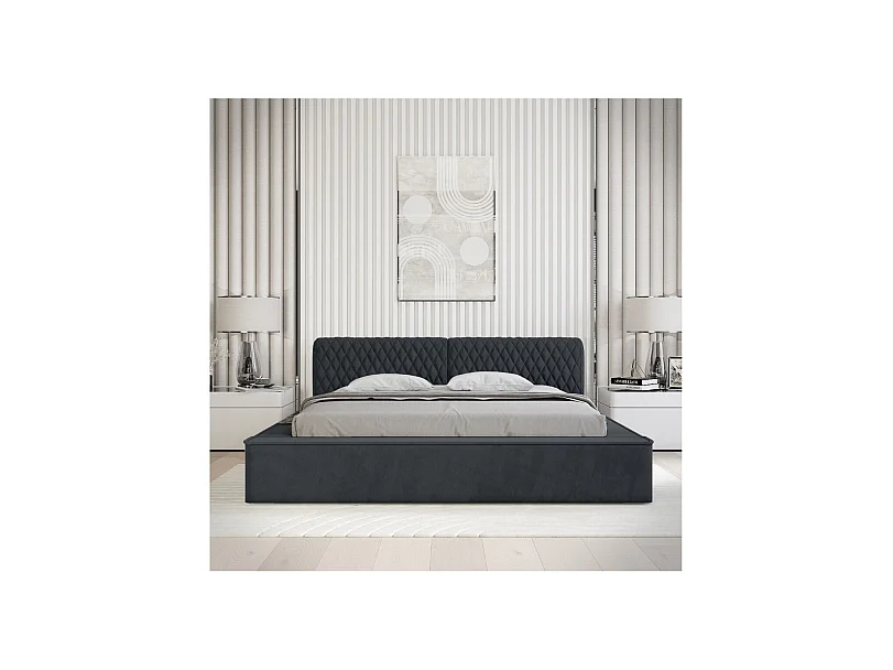 Cama baú VERNON – Tecido chenille bouclé Azul carvão – 180x200 cm – Estrado elevatório – Design de alta qualidade