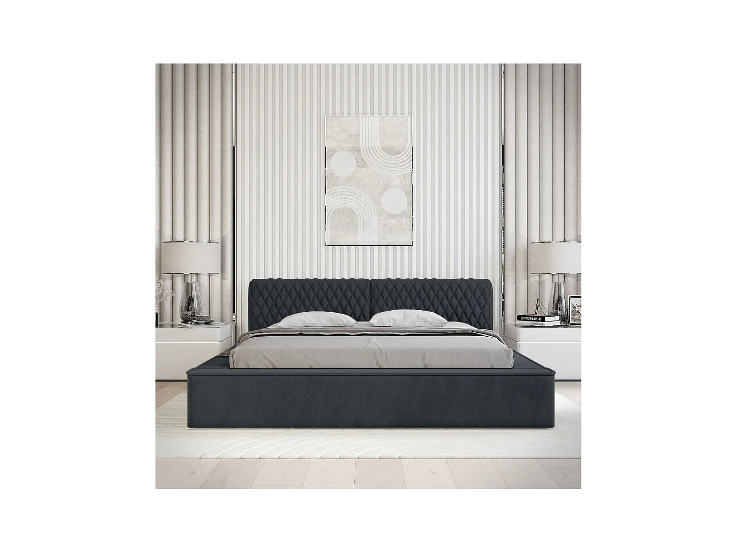 Lit coffre VERNON – Tissu chenille bouclé Charbon bleu – 180x200 cm – Sommier relevable – Design haut de gamme