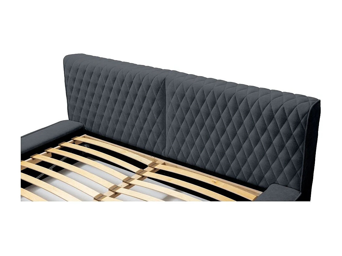 Cama baú VERNON – Tecido chenille bouclé Azul carvão – 180x200 cm – Estrado elevatório – Design de alta qualidade