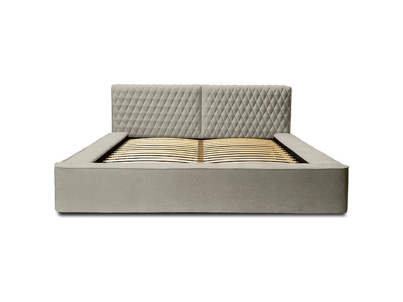 Lit coffre VERNON – Tissu chenille bouclé Taupe fumé – 180x200 cm – Sommier relevable – Design haut de gamme