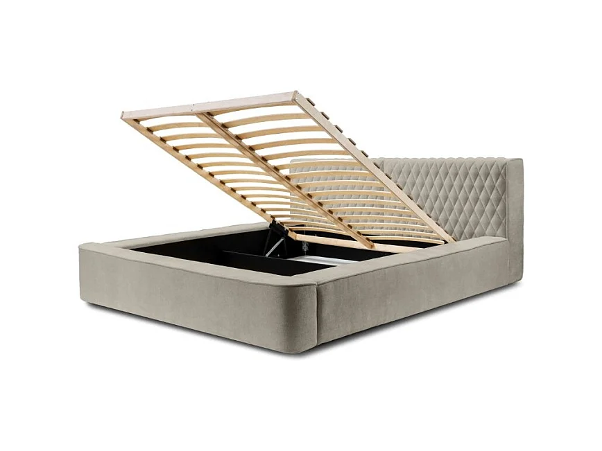 Lit coffre VERNON – Tissu chenille bouclé Taupe fumé – 180x200 cm – Sommier relevable – Design haut de gamme