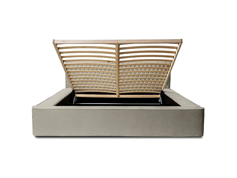 Lit coffre VERNON – Tissu chenille bouclé Taupe fumé – 180x200 cm – Sommier relevable – Design haut de gamme